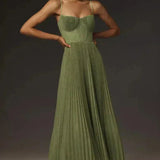 Pleated Midi Wedding Guest Dress with Spaghetti Straps
