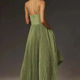 Pleated Midi Wedding Guest Dress with Spaghetti Straps