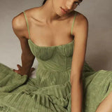 Pleated Midi Wedding Guest Dress with Spaghetti Straps