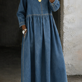 Denim Maxi Dress with Flared Skirt and Round Neck
