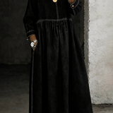Denim Maxi Dress with Flared Skirt and Round Neck