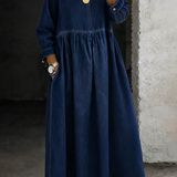 Denim Maxi Dress with Flared Skirt and Round Neck