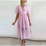 A-Line Puff Sleeve Midi Dress with V-Neck and Button Front