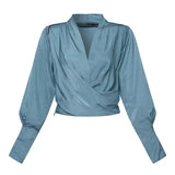 Women's Wrap Front Blouse – V-Neck Long Sleeve Top with Draped Waist for Office Wear