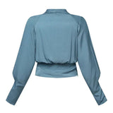 Women's Wrap Front Blouse – V-Neck Long Sleeve Top with Draped Waist for Office Wear