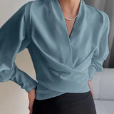 Women's Wrap Front Blouse – V-Neck Long Sleeve Top with Draped Waist for Office Wear