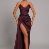 Strapless Satin Maxi Dress with Draped Waist and Thigh Slit