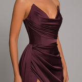Strapless Satin Maxi Dress with Draped Waist and Thigh Slit