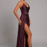 Strapless Satin Maxi Dress with Draped Waist and Thigh Slit