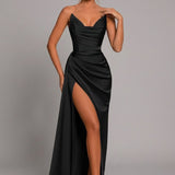 Strapless Satin Maxi Dress with Draped Waist and Thigh Slit