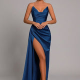 Strapless Satin Maxi Dress with Draped Waist and Thigh Slit
