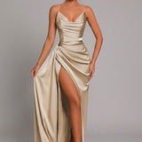 Strapless Satin Maxi Dress with Draped Waist and Thigh Slit