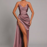 Strapless Satin Maxi Dress with Draped Waist and Thigh Slit
