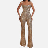 Sequin Jumpsuit for Women – Sweetheart Neckline with Spaghetti Straps and Flared Legs for Party Wear