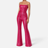 Sequin Jumpsuit for Women – Sweetheart Neckline with Spaghetti Straps and Flared Legs for Party Wear