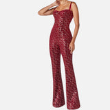 Sequin Jumpsuit for Women – Sweetheart Neckline with Spaghetti Straps and Flared Legs for Party Wear