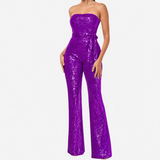 Sequin Jumpsuit for Women – Sweetheart Neckline with Spaghetti Straps and Flared Legs for Party Wear