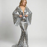 Sequin Maxi Dress with Deep V-Neck and Bell Sleeves for Evening Wear