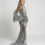 Sequin Maxi Dress with Deep V-Neck and Bell Sleeves for Evening Wear