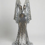 Sequin Maxi Dress with Deep V-Neck and Bell Sleeves for Evening Wear