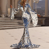 Sequin Maxi Dress with Deep V-Neck and Bell Sleeves for Evening Wear