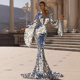 Sequin Maxi Dress with Deep V-Neck and Bell Sleeves for Evening Wear