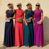 Ruched Maxi Dress with Sheer Sleeves and Flared Skirt
