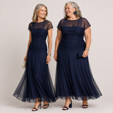 Ruched Maxi Dress with Sheer Sleeves and Flared Skirt