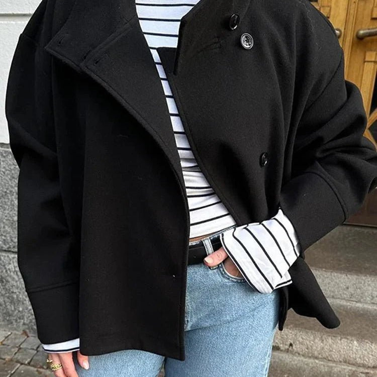 Wool Button Front Jacket with Stand Collar