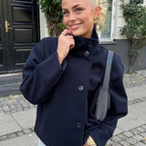 Wool Button Front Jacket with Stand Collar