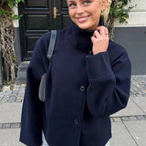 Wool Button Front Jacket with Stand Collar