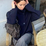 Wool Button Front Jacket with Stand Collar