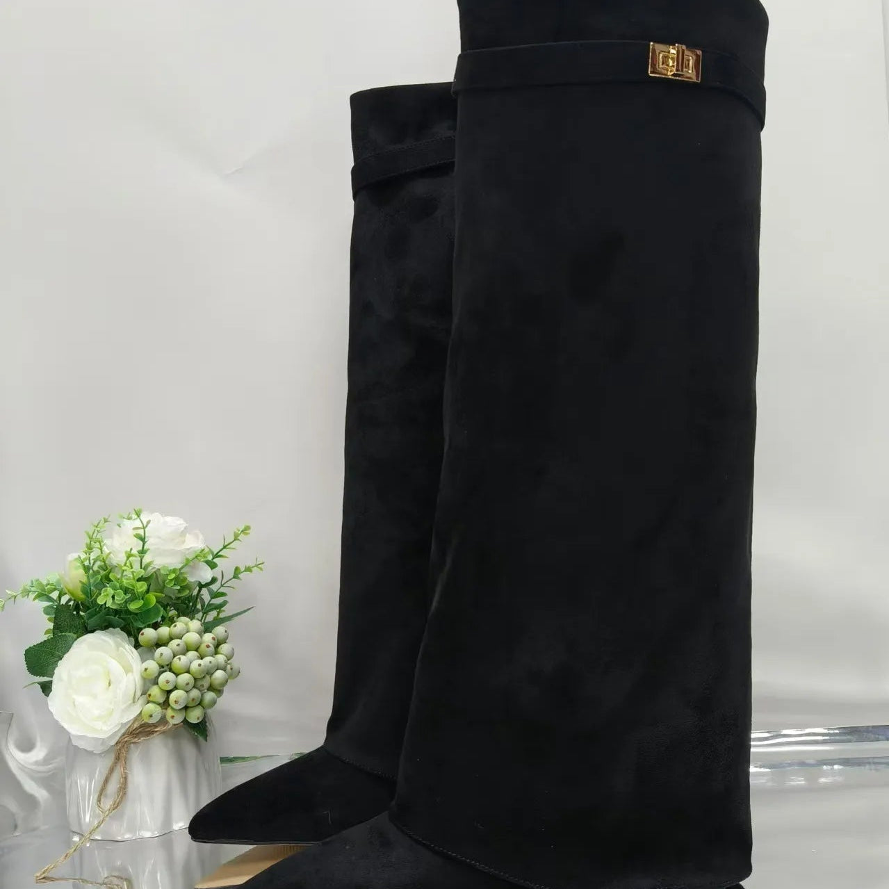 Knee High Boots with Fold Over Cuff and Pointed Toe