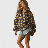 Women's Fluffy Jacket with Floral Print and Half Zip Funnel Neck in Teddy Fleece Look for Winter Layering