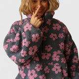 Women's Fluffy Jacket with Floral Print and Half Zip Funnel Neck in Teddy Fleece Look for Winter Layering