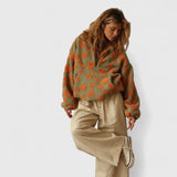 Women's Fluffy Jacket with Floral Print and Half Zip Funnel Neck in Teddy Fleece Look for Winter Layering