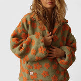 Women's Fluffy Jacket with Floral Print and Half Zip Funnel Neck in Teddy Fleece Look for Winter Layering