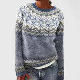 Women's Fair Isle Knit Sweater with Nordic Patterned Yoke and Crew Neck for Winter Outfits