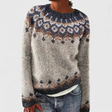 Women's Fair Isle Knit Sweater with Nordic Patterned Yoke and Crew Neck for Winter Outfits