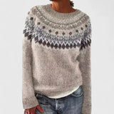 Women's Fair Isle Knit Sweater with Nordic Patterned Yoke and Crew Neck for Winter Outfits