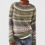 Women's Fair Isle Knit Sweater with Nordic Patterned Yoke and Crew Neck for Winter Outfits