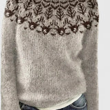 Women's Fair Isle Knit Sweater with Nordic Patterned Yoke and Crew Neck for Winter Outfits