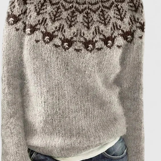Women's Fair Isle Knit Sweater with Nordic Patterned Yoke and Crew Neck for Winter Outfits