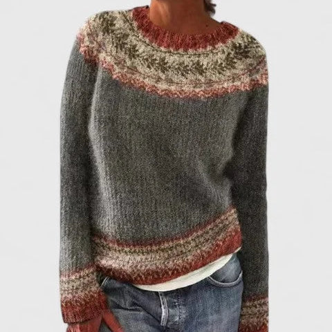 Women's Fair Isle Knit Sweater with Nordic Patterned Yoke and Crew Neck for Winter Outfits
