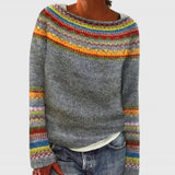 Women's Fair Isle Knit Sweater with Nordic Patterned Yoke and Crew Neck for Winter Outfits