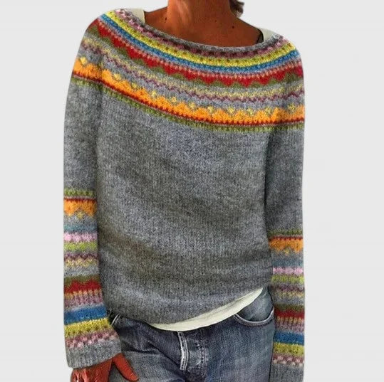 Women's Fair Isle Knit Sweater with Nordic Patterned Yoke and Crew Neck for Winter Outfits