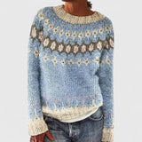 Women's Fair Isle Knit Sweater with Nordic Patterned Yoke and Crew Neck for Winter Outfits