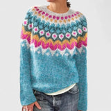Women's Fair Isle Knit Sweater with Nordic Patterned Yoke and Crew Neck for Winter Outfits