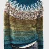 Women's Fair Isle Knit Sweater with Nordic Patterned Yoke and Crew Neck for Winter Outfits