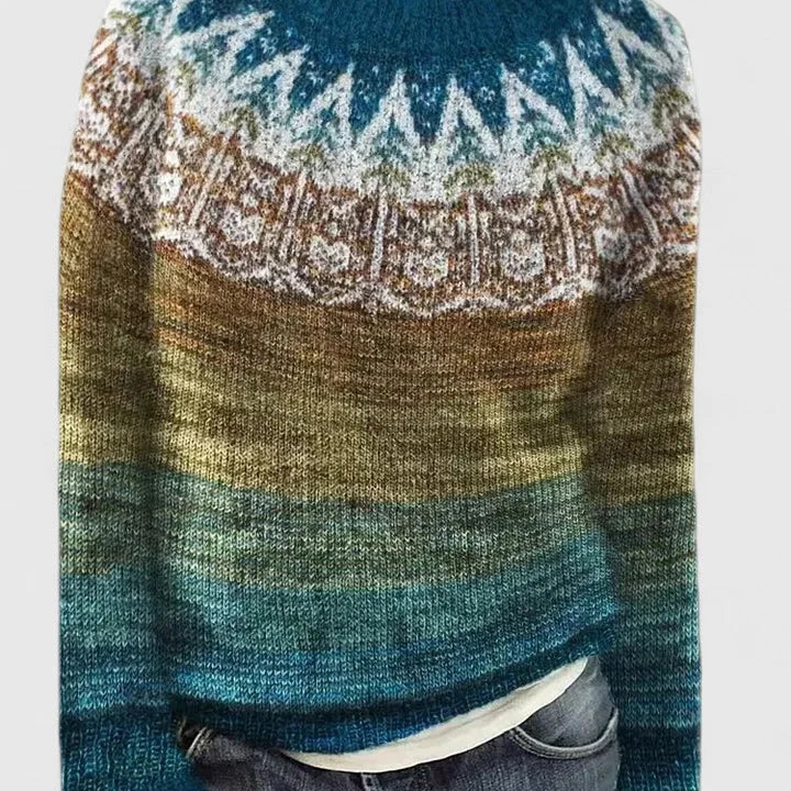 Women's Fair Isle Knit Sweater with Nordic Patterned Yoke and Crew Neck for Winter Outfits